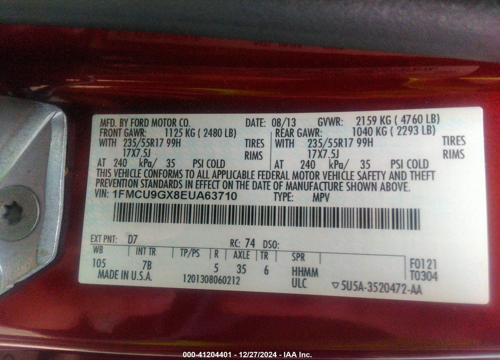 2014 FORD ESCAPE SE VIN: 1FMCU9GX8EUA63710