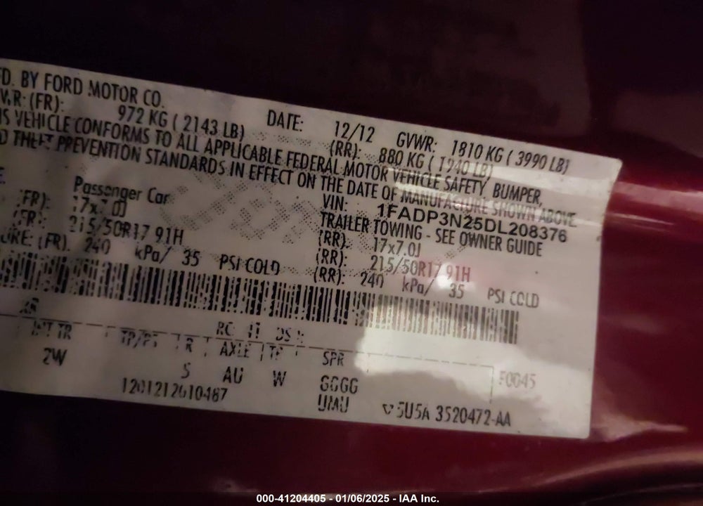 2013 FORD FOCUS VIN: 1FADP3N25DL208376