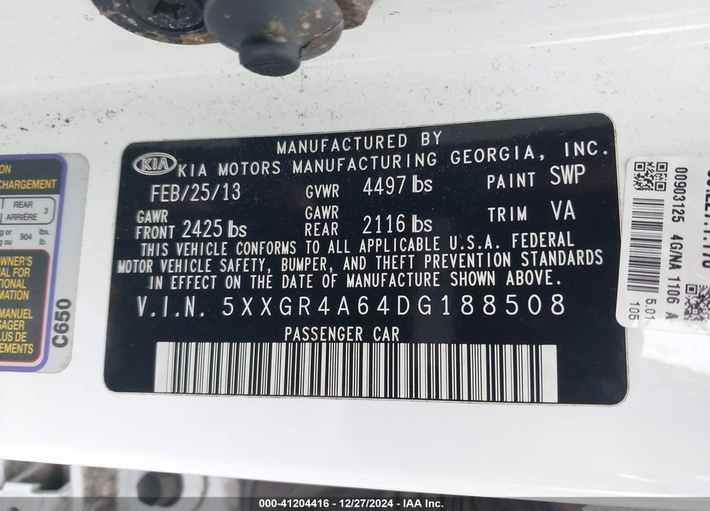 2013 KIA OPTIMA VIN: 5XXGR4A64DG188508