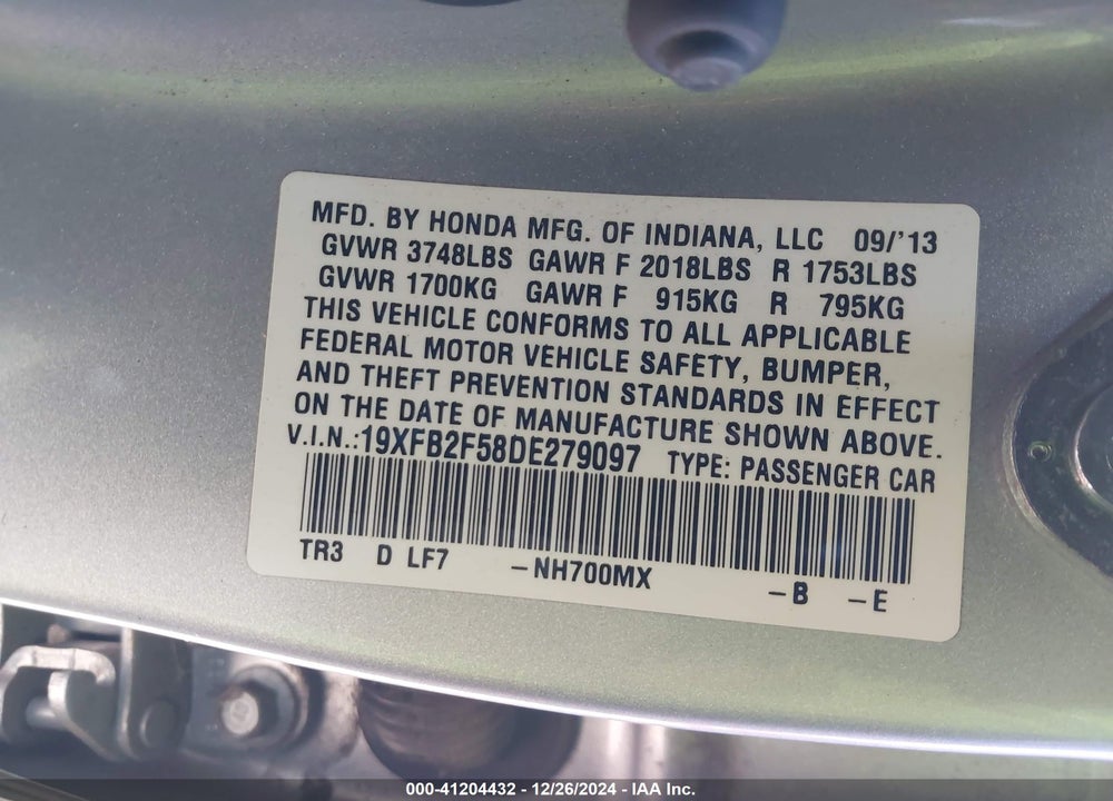2013 HONDA CIVIC LX VIN: 19XFB2F58DE279097