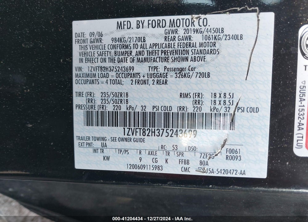2007 FORD MUSTANG GT DELUXE/GT PREMIUM VIN: 1ZVFT82H375243699