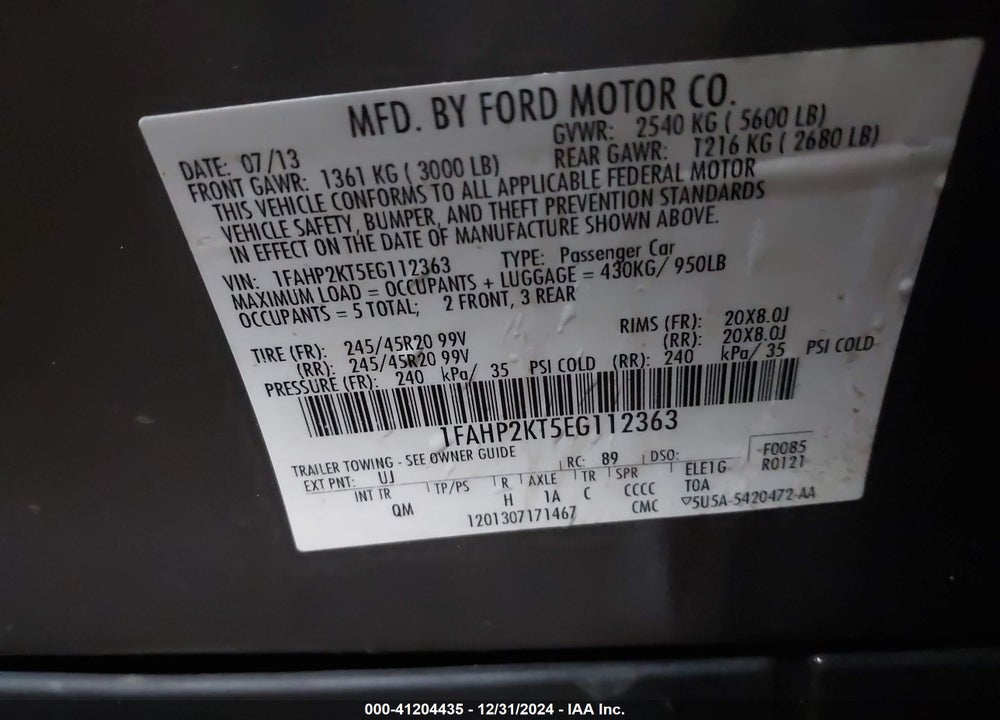 2014 FORD TAURUS SHO VIN: 1FAHP2KT5EG112363