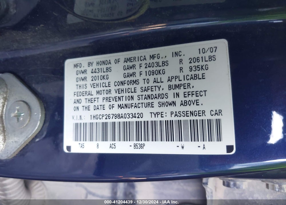 2008 HONDA ACCORD 2.4 EX VIN: 1HGCP26798A033420