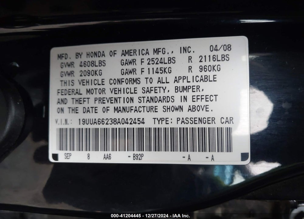 2008 ACURA TL 3.2 VIN: 19UUA66238A042454