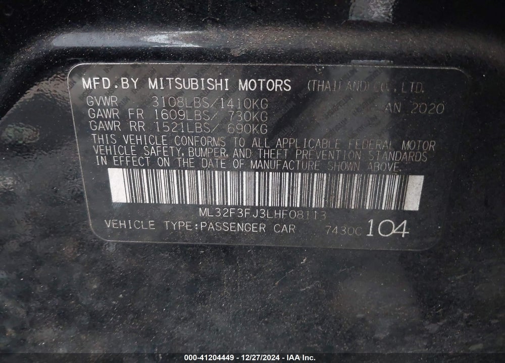 2020 MITSUBISHI MIRAGE G4 VIN: ML32F3FJ3LHF08113