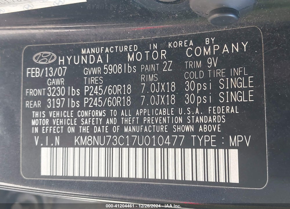 2007 HYUNDAI VERACRUZ GLS/LIMITED/SE VIN: KM8NU73C17U010477