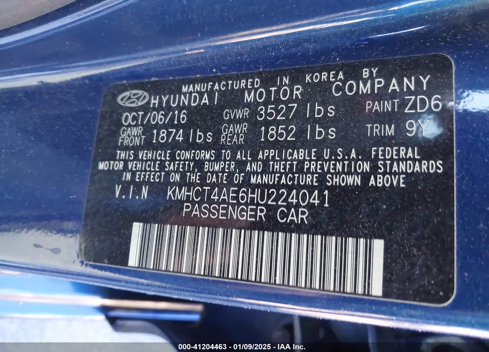2017 HYUNDAI ACCENT VIN: KMHCT4AE6HU224041