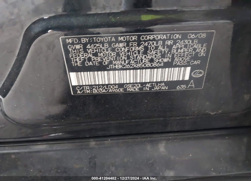 2008 LEXUS IS 250 VIN: JTHBK262X85080864