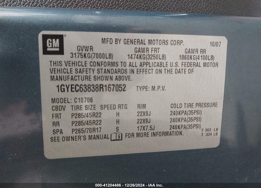 2008 CADILLAC ESCALADE STANDARD VIN: 1GYEC63838R167052