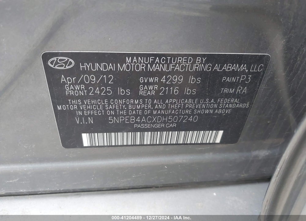 2013 HYUNDAI SONATA VIN: 5NPEB4ACXDH507240