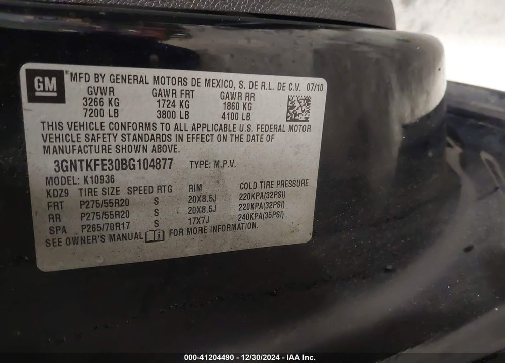 2011 CHEVROLET AVALANCHE 1500 LT1 VIN: 3GNTKFE30BG104877