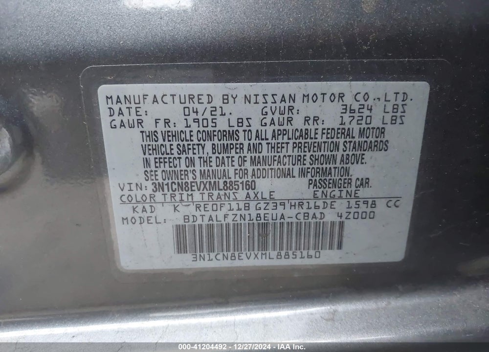 2021 NISSAN VERSA VIN: 3N1CN8EVXML885160