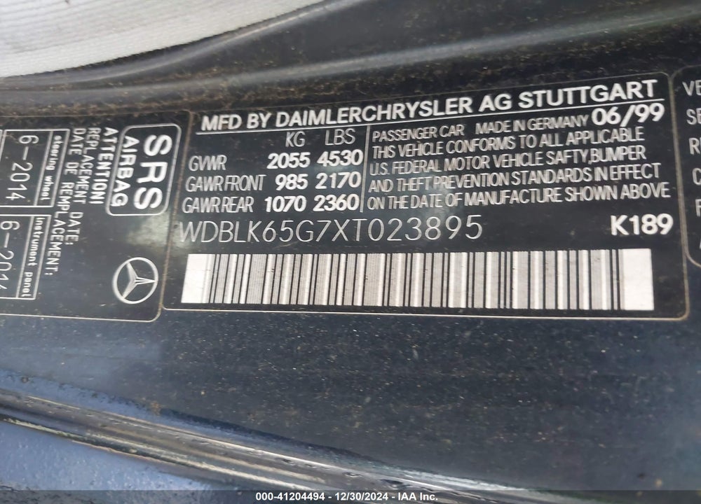 1999 MERCEDES-BENZ CLK 320 VIN: WDBLK65G7XT023895