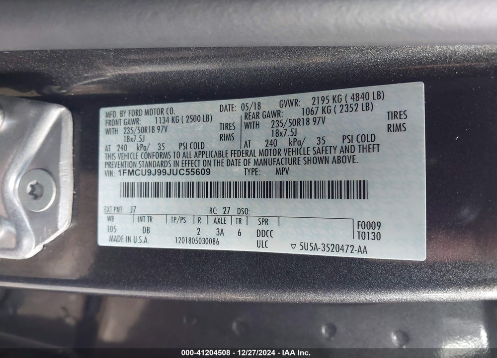 2018 FORD ESCAPE TITANIUM VIN: 1FMCU9J99JUC55609