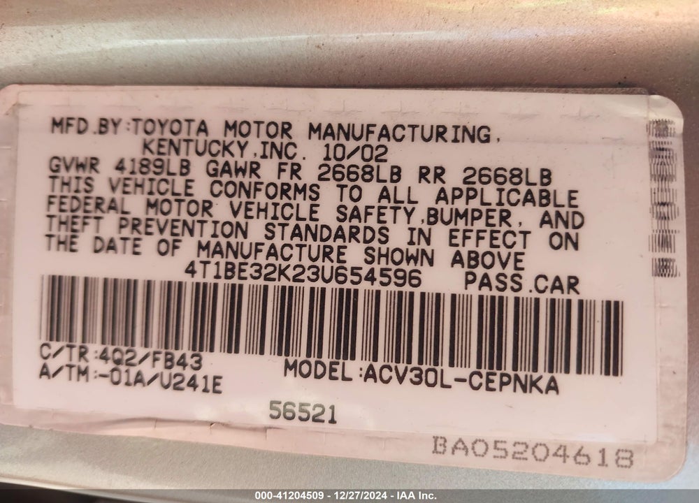 2003 TOYOTA CAMRY LE VIN: 4T1BE32K23U654596