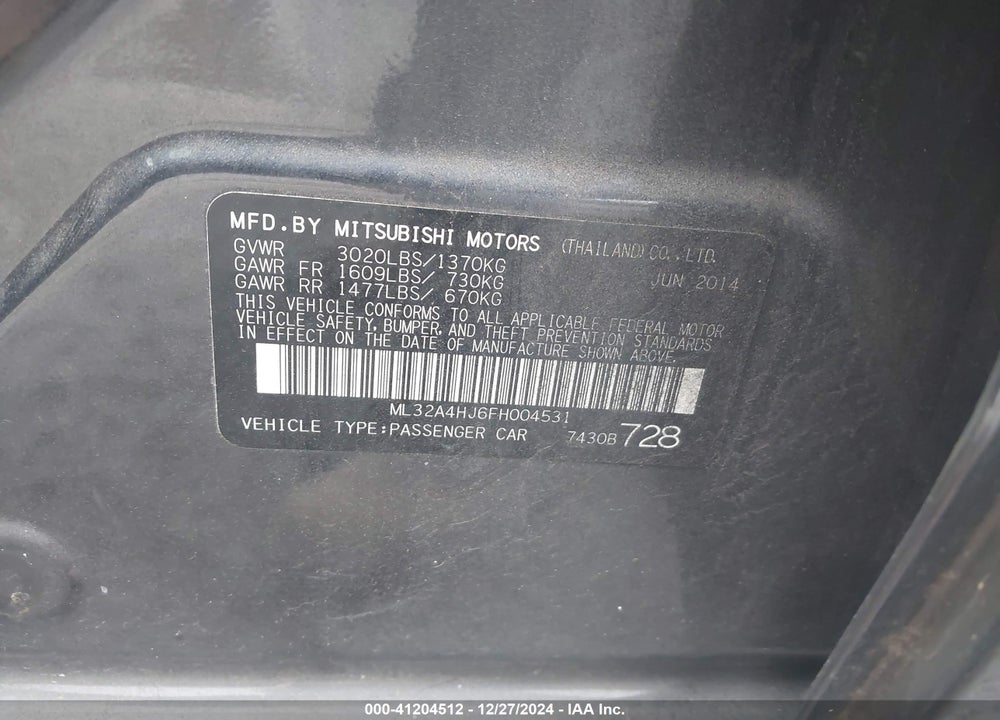 2015 MITSUBISHI MIRAGE ES VIN: ML32A4HJ6FH004531
