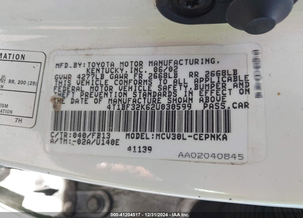 2002 TOYOTA CAMRY LE V6 VIN: 4T1BF32K62U030599