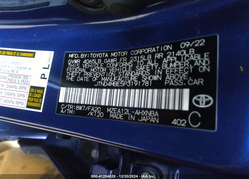 2023 TOYOTA COROLLA VIN: JTND4MBE5P3191781