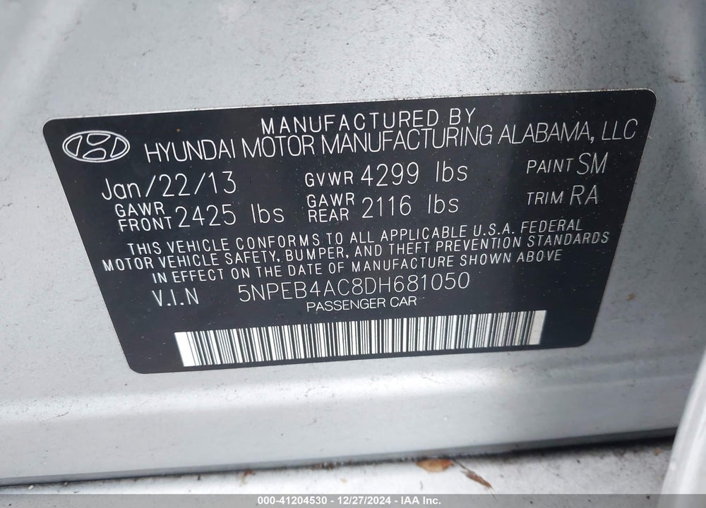 2013 HYUNDAI SONATA VIN: 5NPEB4AC8DH681050