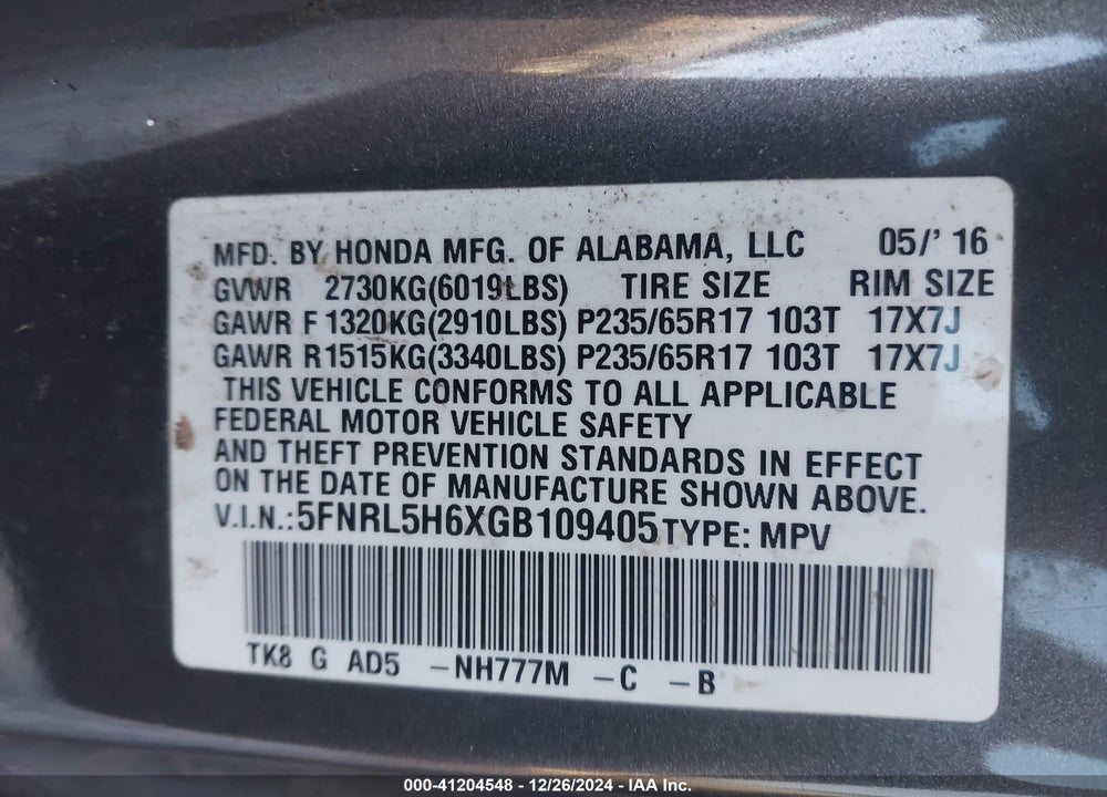 2016 HONDA ODYSSEY EX-L VIN: 5FNRL5H6XGB109405