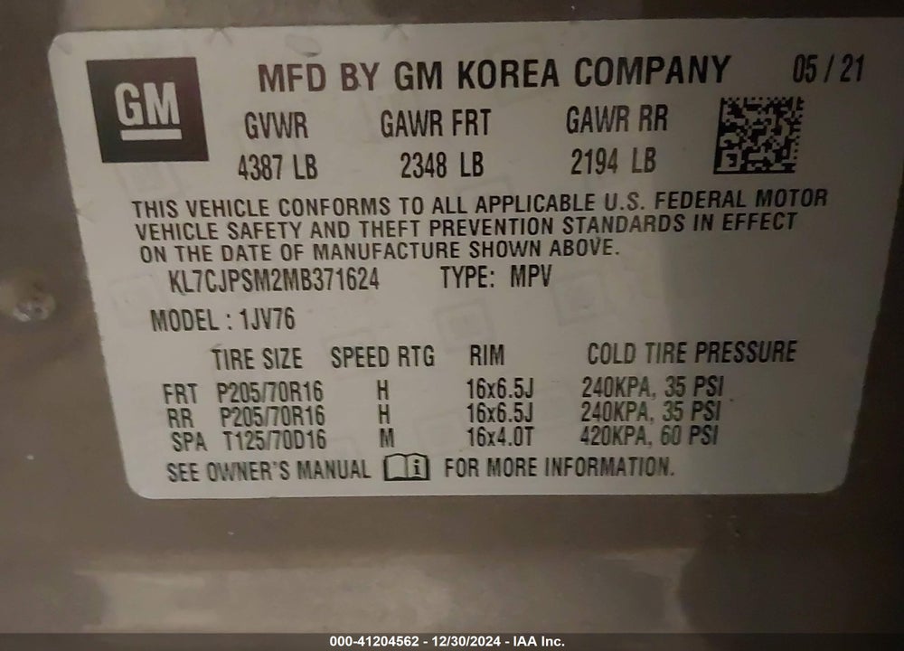 2021 CHEVROLET TRAX AWD LT VIN: KL7CJPSM2MB371624