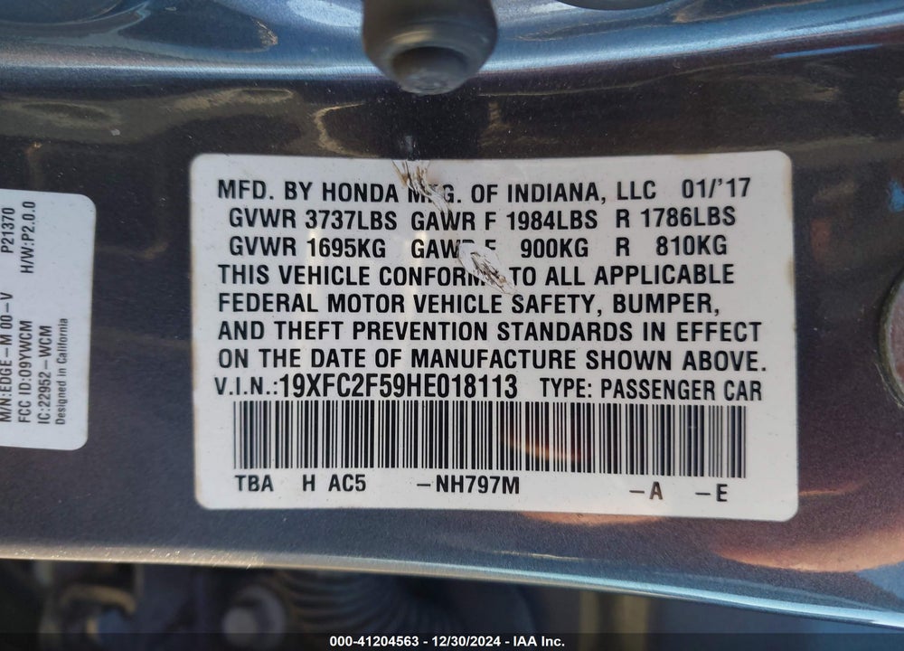2017 HONDA CIVIC LX VIN: 19XFC2F59HE018113