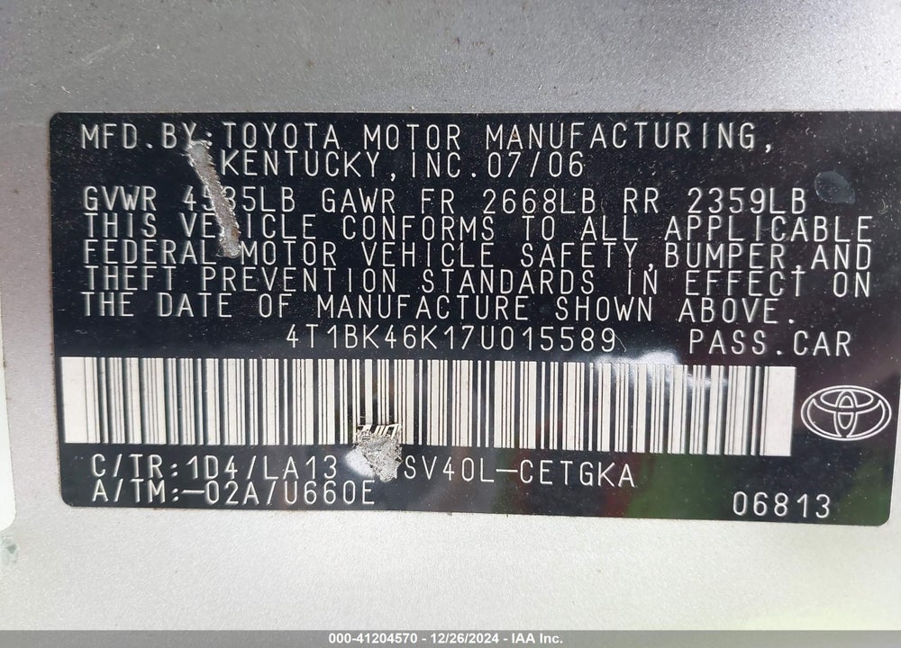 2007 TOYOTA CAMRY XLE V6 VIN: 4T1BK46K17U015589