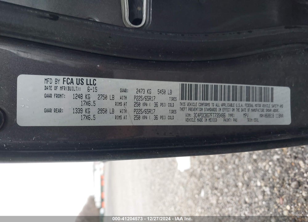 2015 DODGE JOURNEY SXT VIN: 3C4PDCBG7FT735486