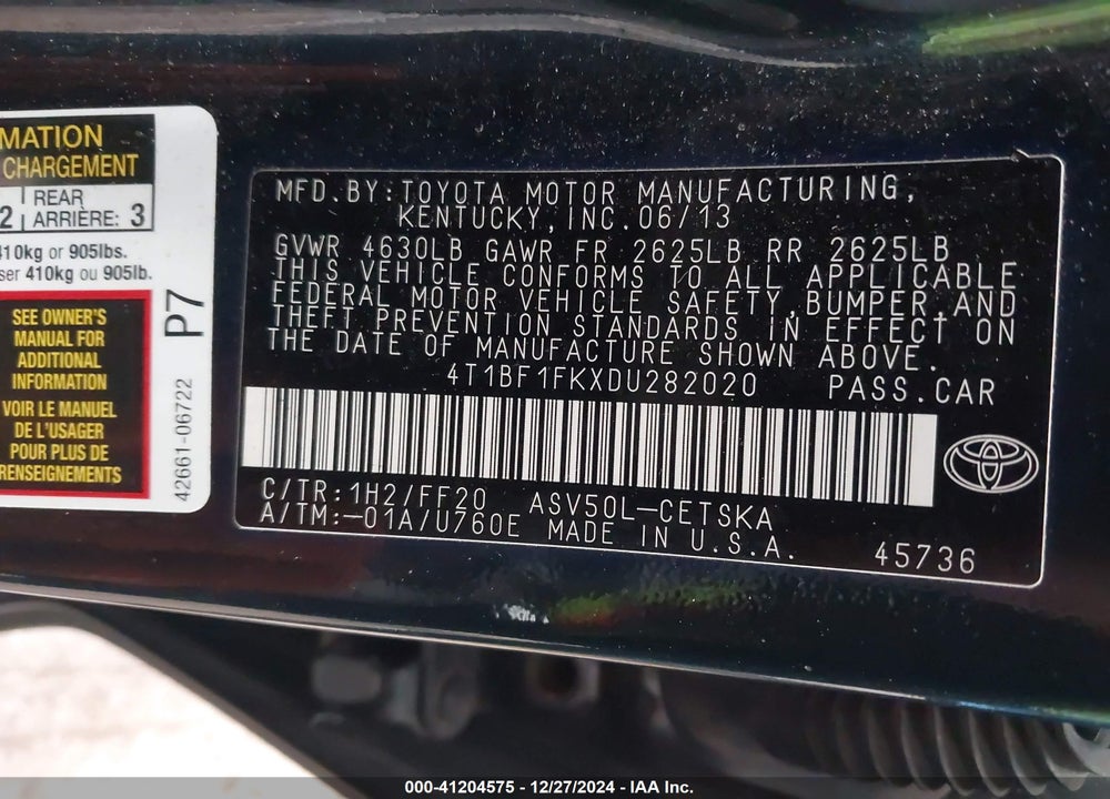 2013 TOYOTA CAMRY VIN: 4T1BF1FKXDU282020