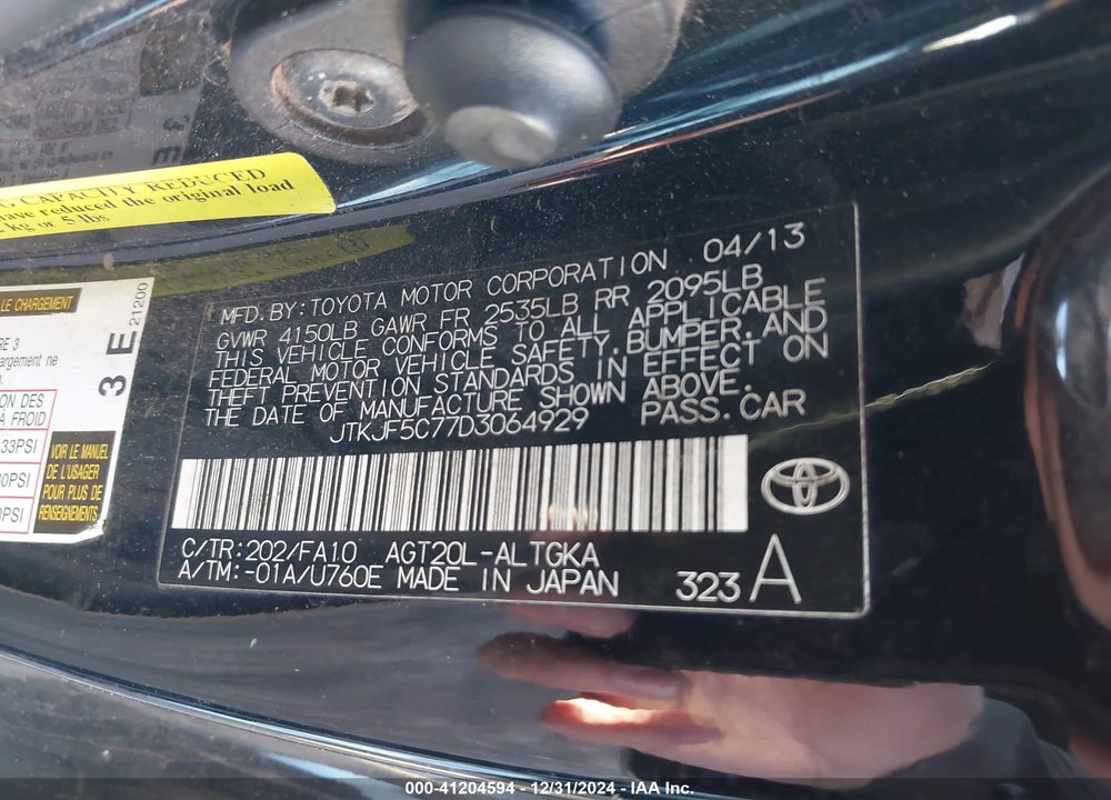 2013 SCION TC VIN: JTKJF5C77D3064929