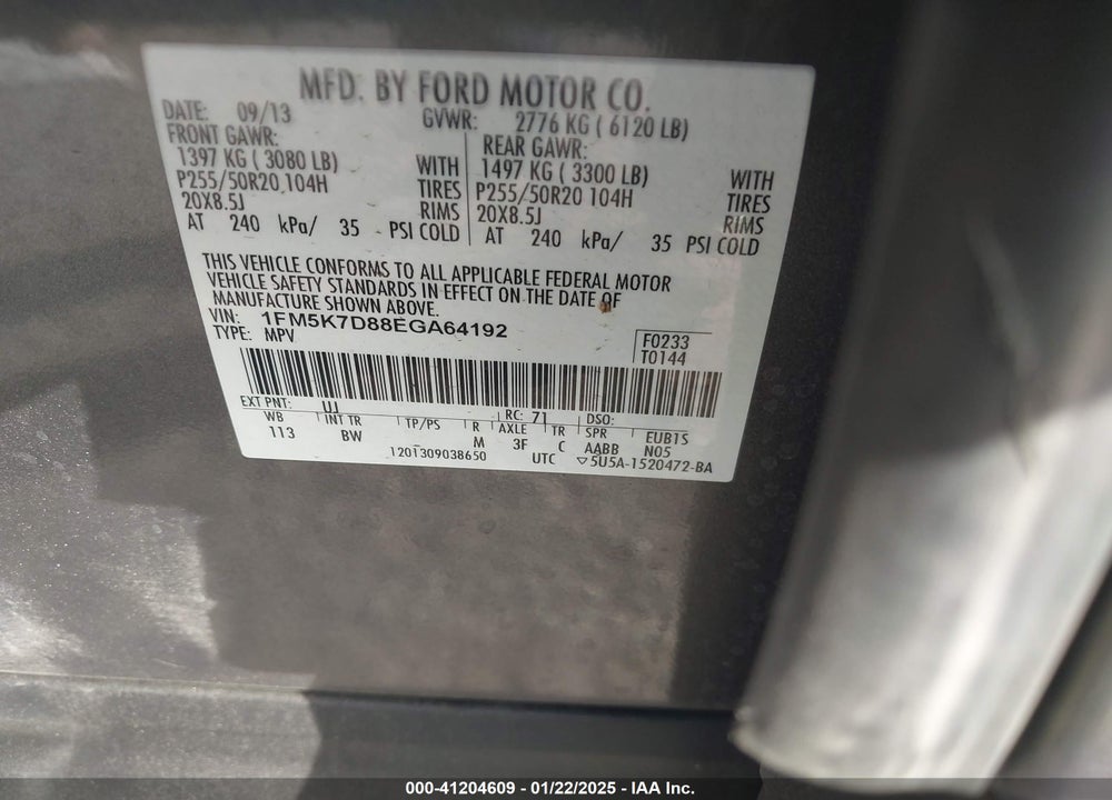 2014 FORD EXPLORER VIN: 1FM5K7D88EGA64192