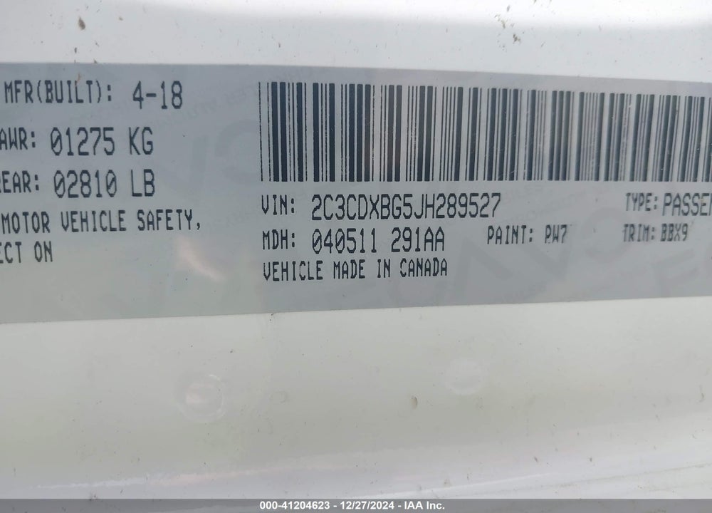 2018 DODGE CHARGER VIN: 2C3CDXBG5JH289527