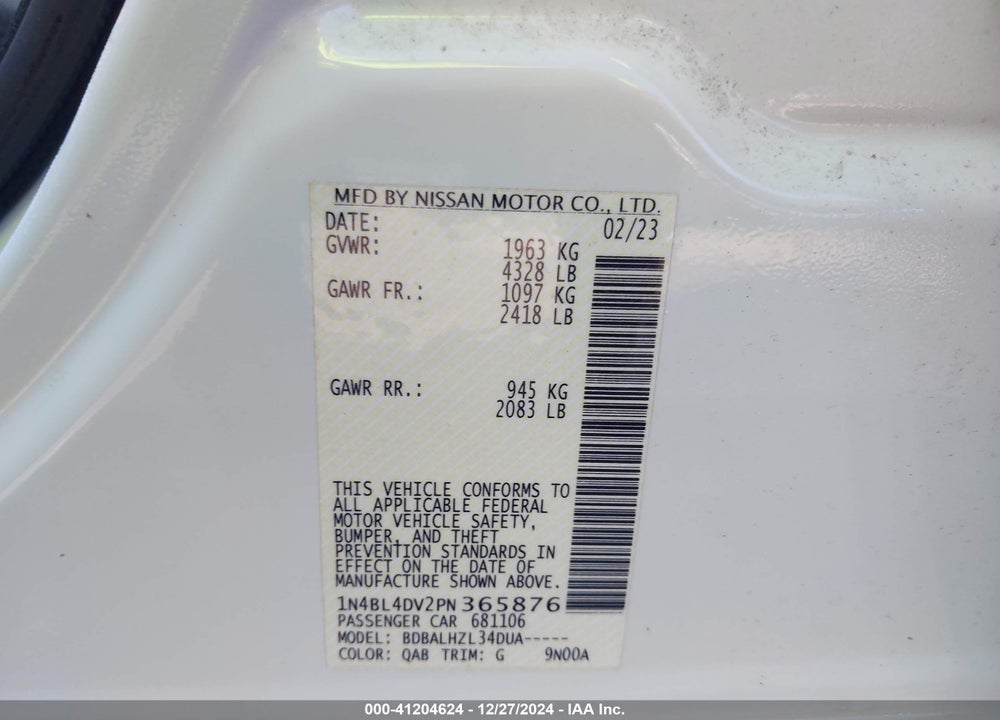 2023 NISSAN ALTIMA VIN: 1N4BL4DV2PN365876