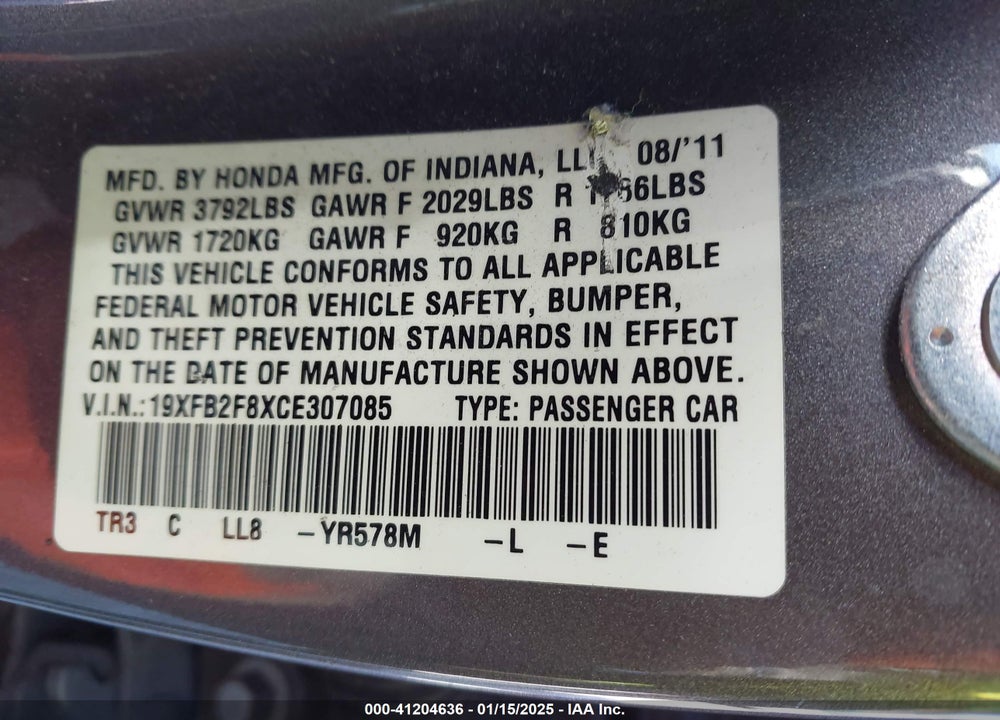 2012 HONDA CIVIC EX VIN: 19XFB2F8XCE307085