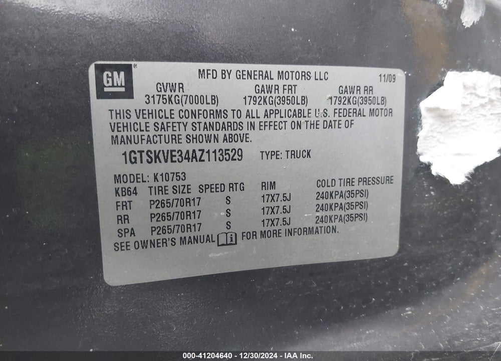 2010 GMC SIERRA VIN: 1GTSKVE34AZ113529