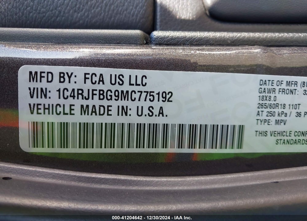 2021 JEEP GRAND CHEROKEE LIMITED 4X4 VIN: 1C4RJFBG9MC775192