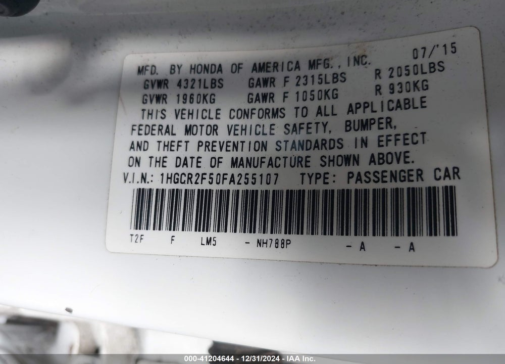 2015 HONDA ACCORD VIN: 1HGCR2F50FA255107
