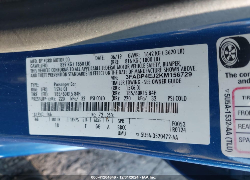 2019 FORD FIESTA SE VIN: 3FADP4EJ2KM156729