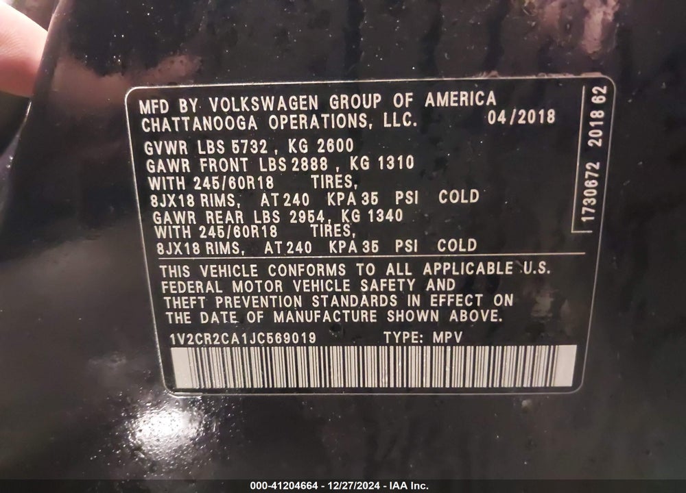 2018 VOLKSWAGEN ATLAS 3.6L V6 SE VIN: 1V2CR2CA1JC569019