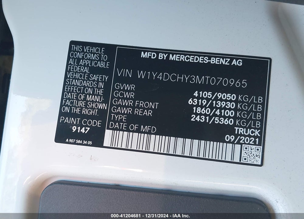 2021 MERCEDES-BENZ SPRINTER 2500 HIGH ROOF I4 DIESEL VIN: W1Y4DCHY3MT070965