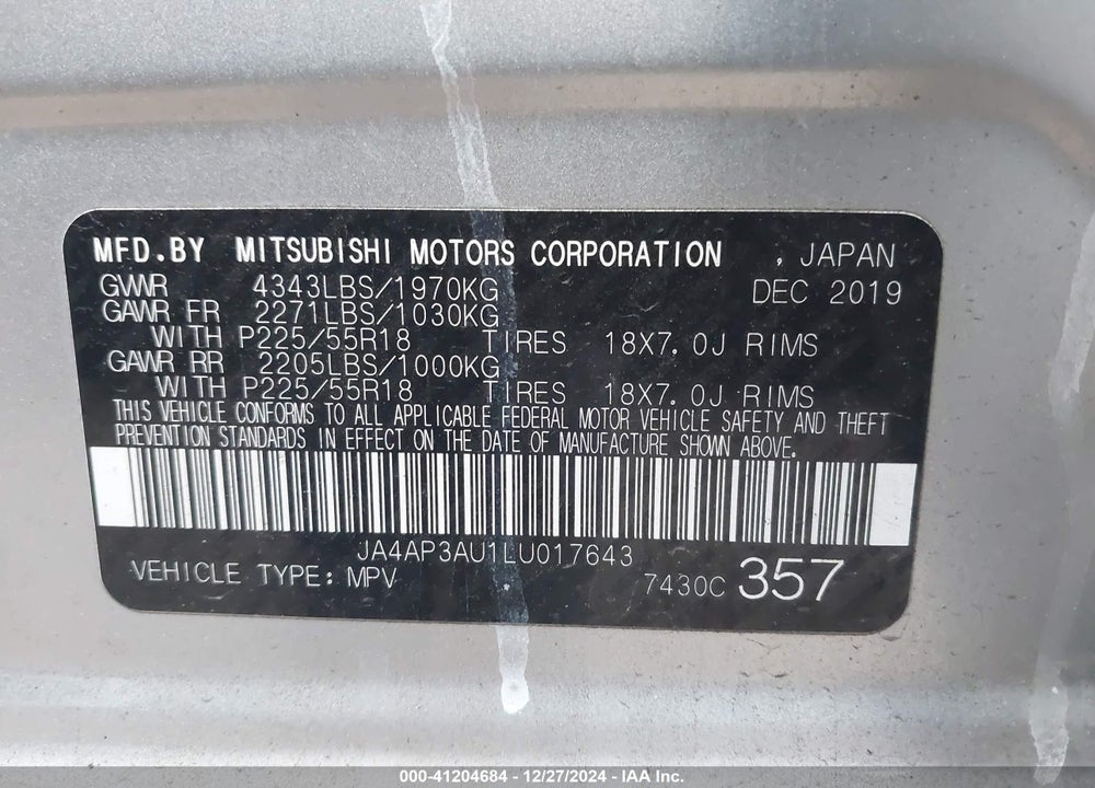 2020 MITSUBISHI OUTLANDER SPORT 2.0 BE/2.0 ES/2.0 SP VIN: JA4AP3AU1LU017643