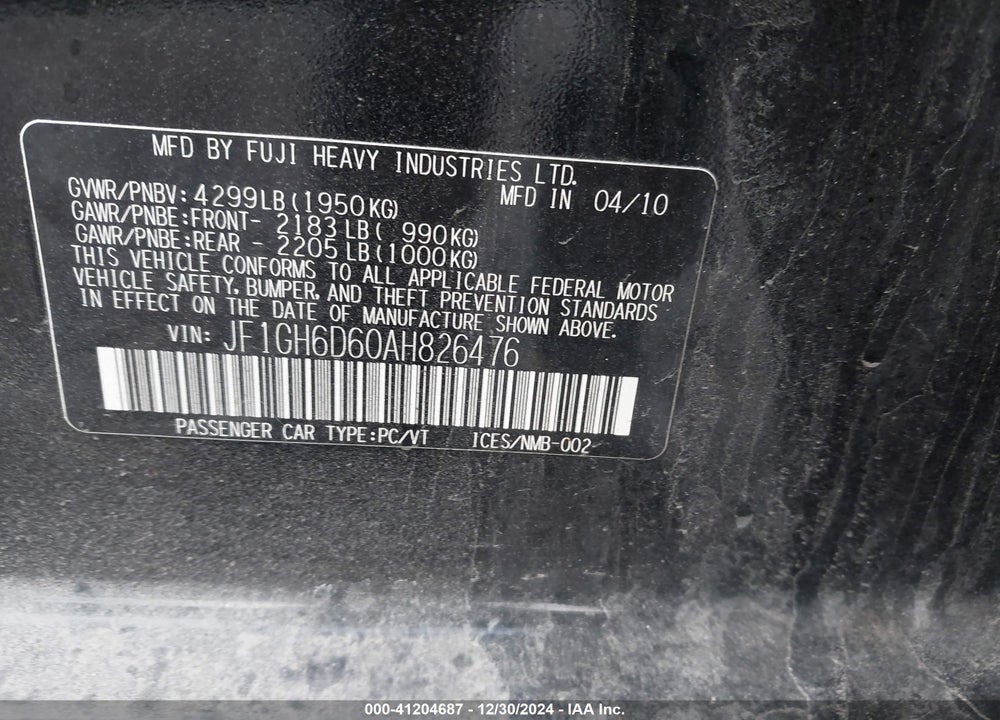 2010 SUBARU IMPREZA OUTBACK SPORT VIN: JF1GH6D60AH826476