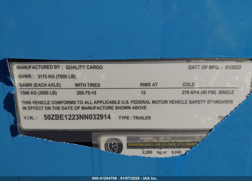 2022 QUAL CARGO 7X12 T VIN: 50ZBE1223NN032914