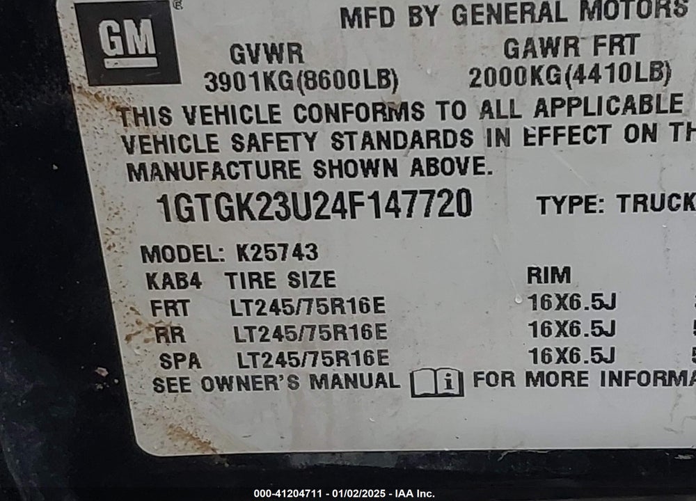2004 GMC SIERRA 2500 SLE VIN: 1GTGK23U24F147720