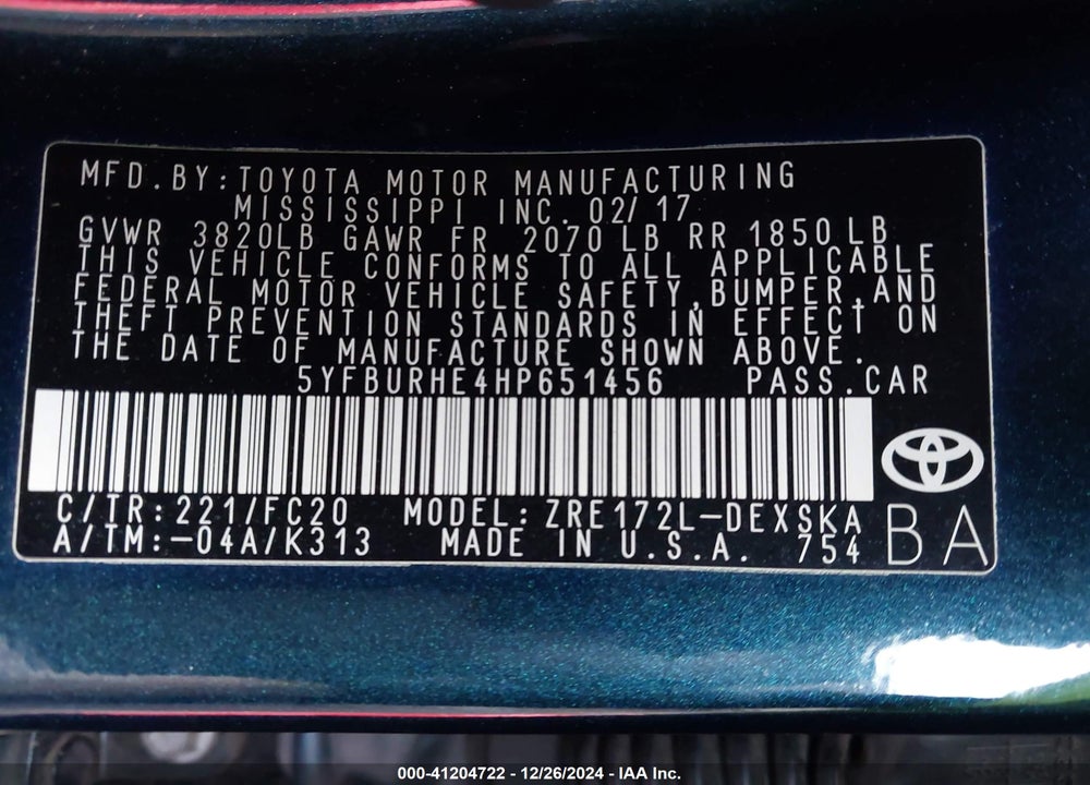 2017 TOYOTA COROLLA SE VIN: 5YFBURHE4HP651456