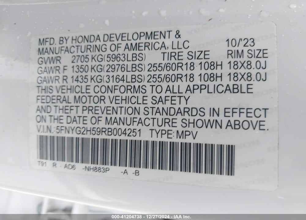 2024 HONDA PILOT EX-L 7-PASSENGER VIN: 5FNYG2H59RB004251