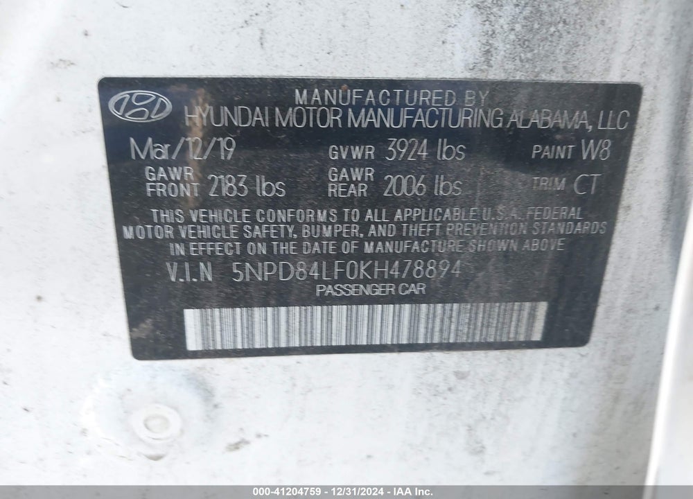 2019 HYUNDAI ELANTRA SEL VIN: 5NPD84LF0KH478894