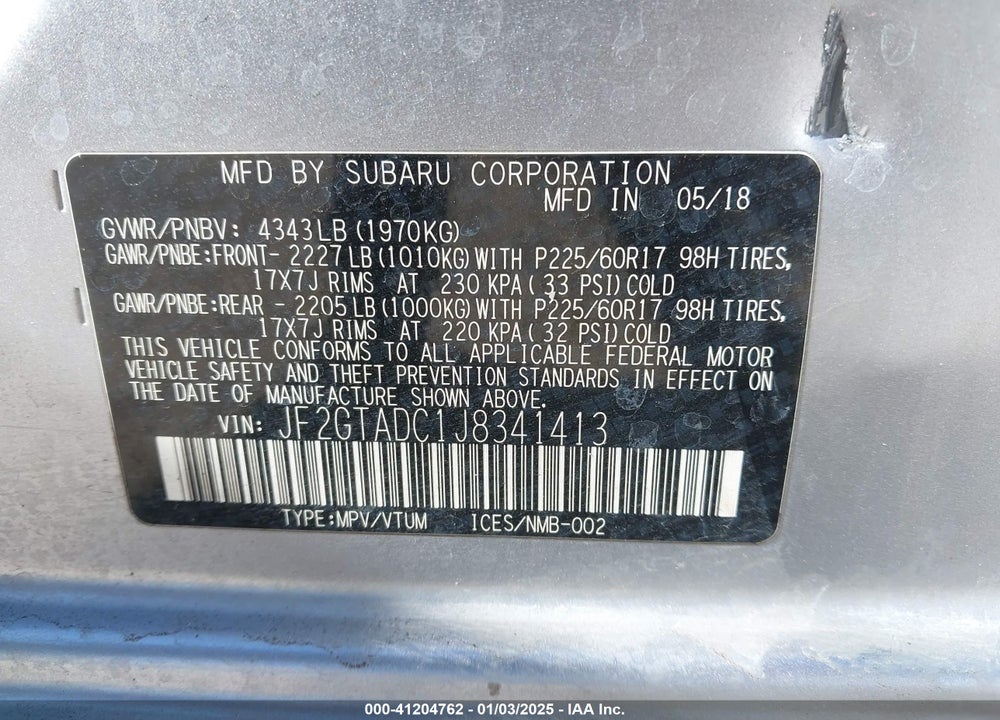 2018 SUBARU CROSSTREK 2.0I PREMIUM VIN: JF2GTADC1J8341413