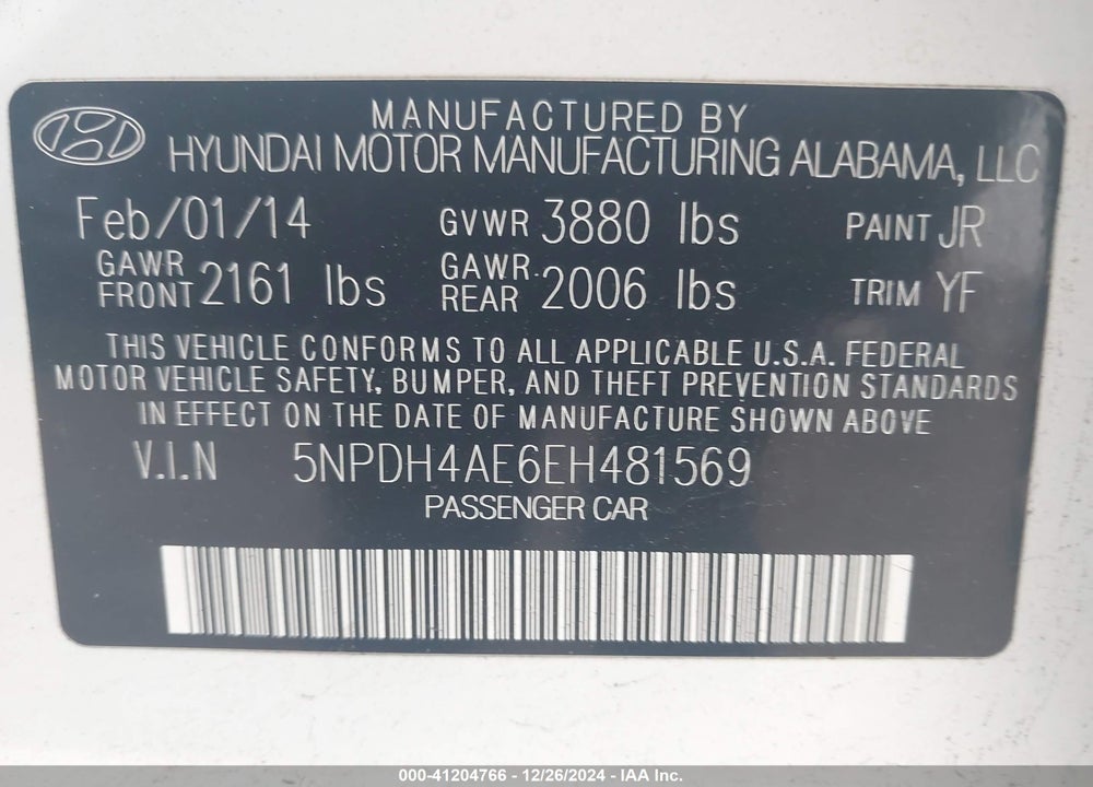 2014 HYUNDAI ELANTRA SE VIN: 5NPDH4AE6EH481569