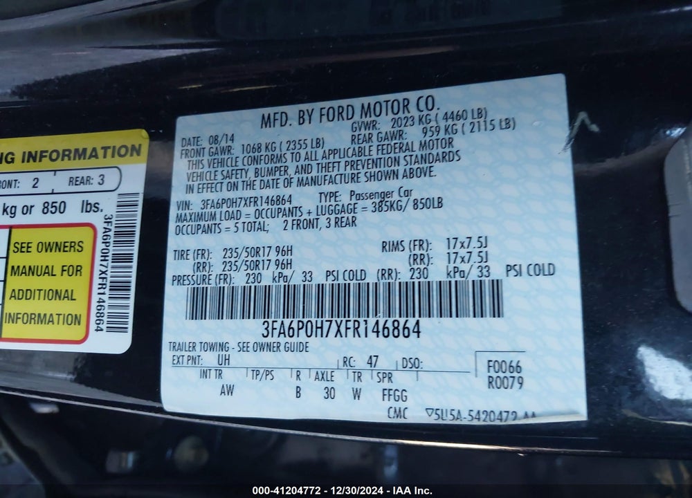 2015 FORD FUSION SE VIN: 3FA6P0H7XFR146864